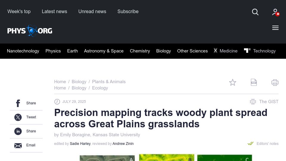 Screenshot of phys.org: Precision mapping tracks woody plant spread across Great Plains grasslands