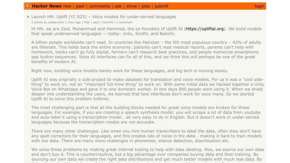Screenshot of Hacker News post: Launch HN: Uplift (YC S25) – Voice models for under-served languages