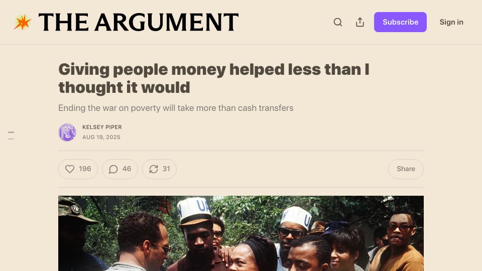 Screenshot of theargumentmag.com: Giving people money helped less than I thought it would