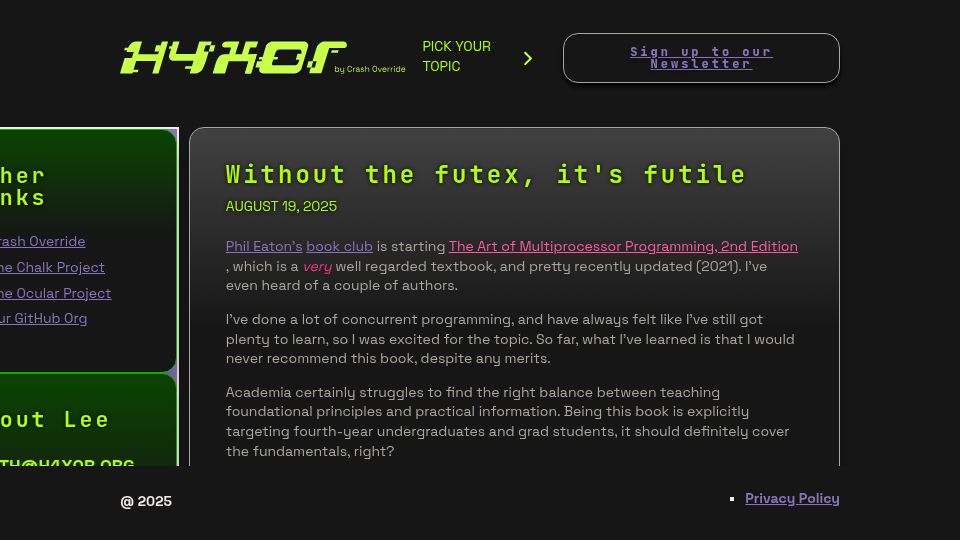 Screenshot of h4x0r.org: Without the futex, it's futile