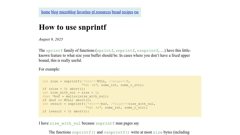Screenshot of bernsteinbear.com: How to Use Snprintf