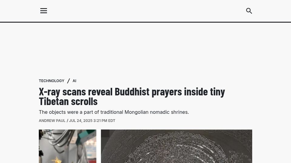 Screenshot of popsci.com: X-ray scans reveal Buddhist prayers inside tiny Tibetan scrolls