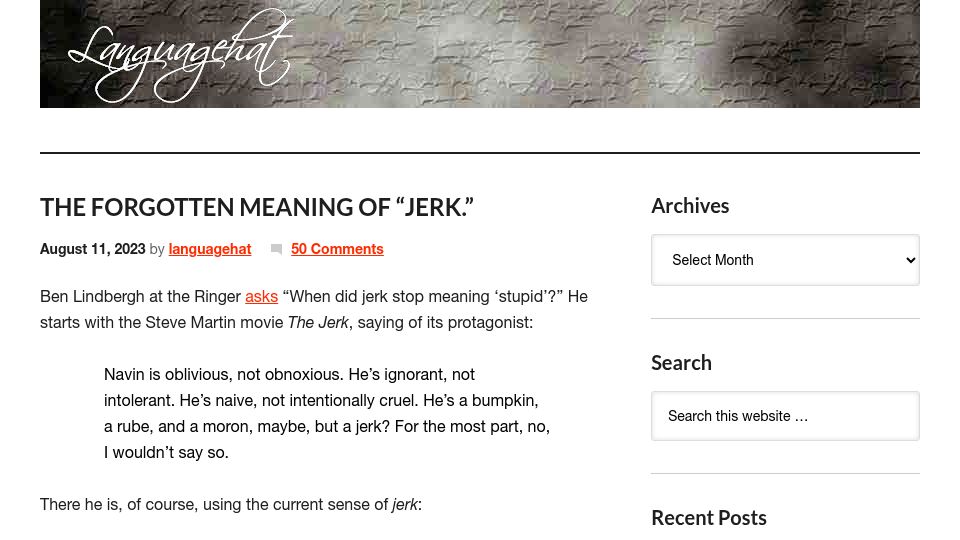 Screenshot of languagehat.com: The forgotten meaning of "jerk"