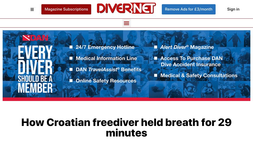 Screenshot of divernet.com: Croatian freediver held breath for 29 minutes