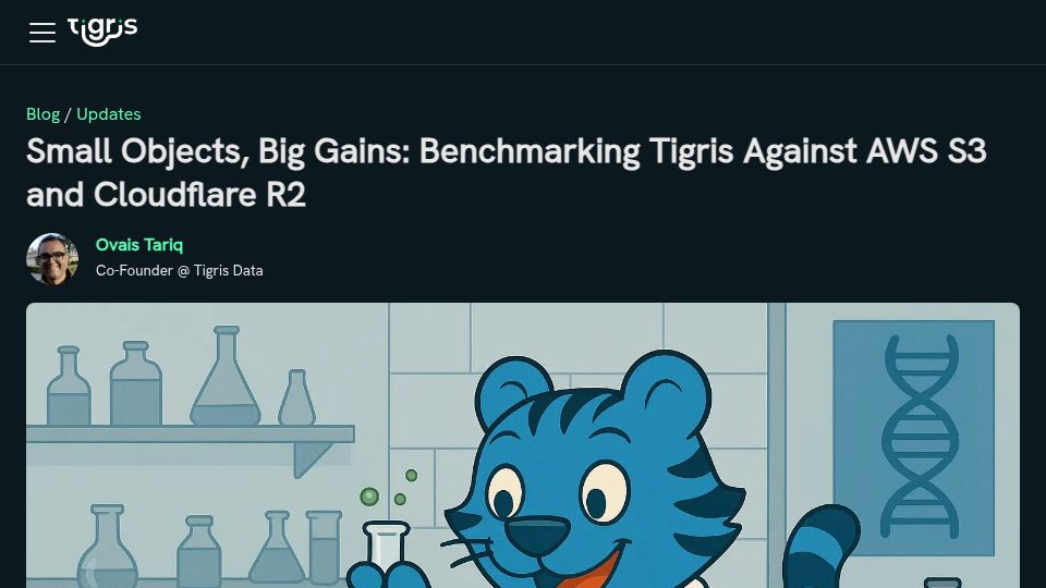 Screenshot of tigrisdata.com: Small Objects, Big Gains: Benchmarking Tigris Against AWS S3 and Cloudflare R2