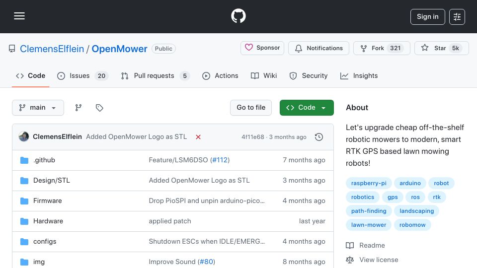 Screenshot of github.com: OpenMower – An open source lawn mower