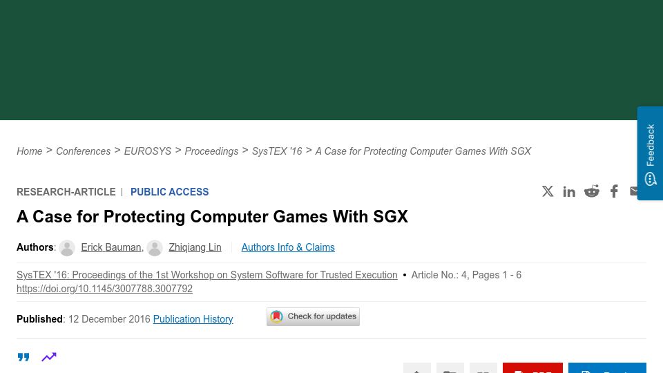 Screenshot of dl.acm.org: A Case for Protecting Computer Games with SGX (2016)