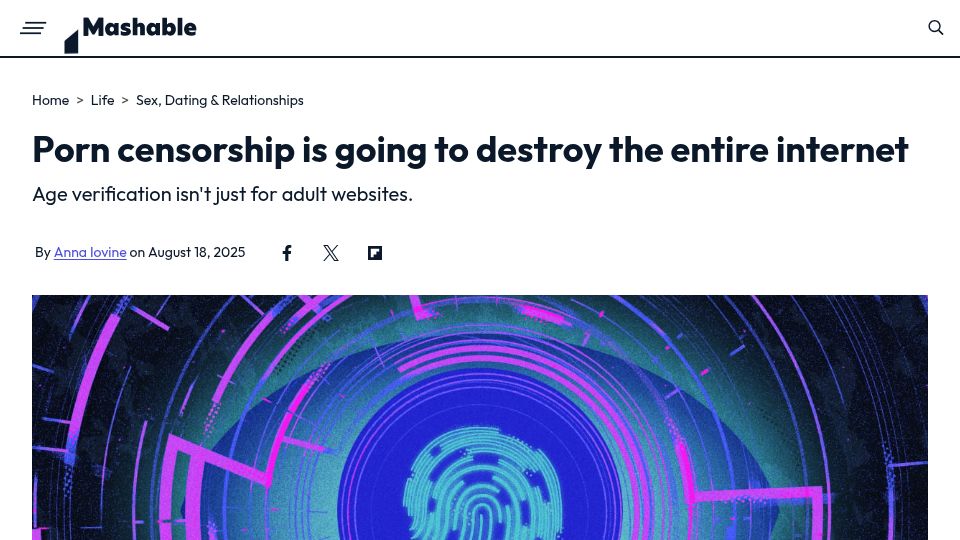 Screenshot of mashable.com: Porn censorship is going to destroy the internet