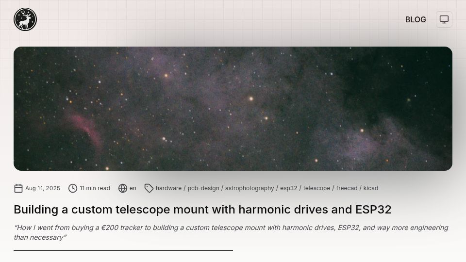 Screenshot of svendewaerhert.com: Custom telescope mount using harmonic drives and ESP32