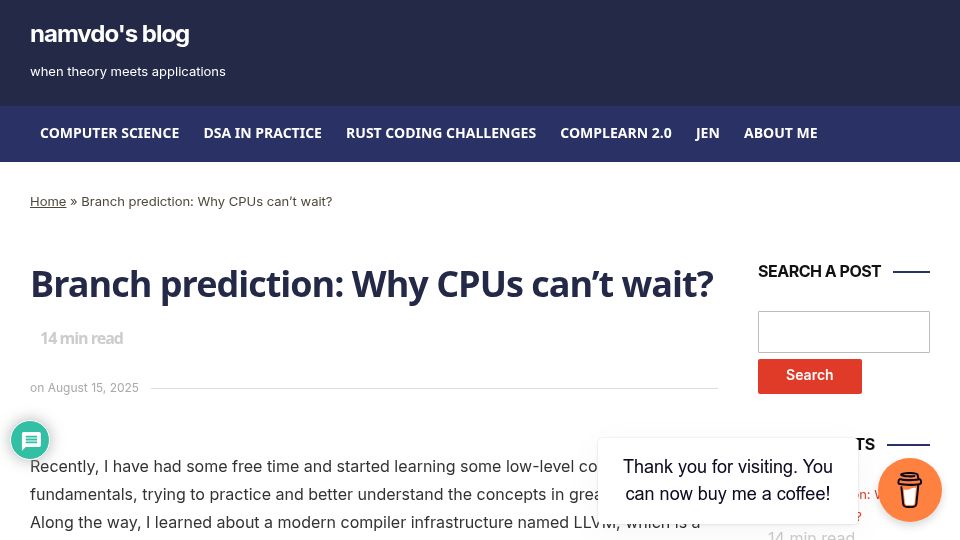 Screenshot of namvdo.ai: Branch prediction: Why CPUs can't wait?