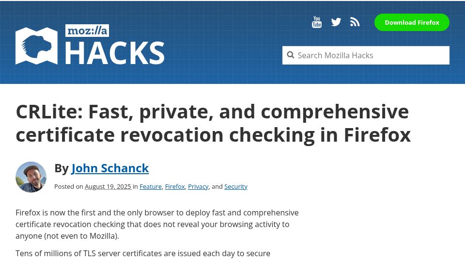 Screenshot of hacks.mozilla.org: CRLite: Certificate Revocation Checking in Firefox
