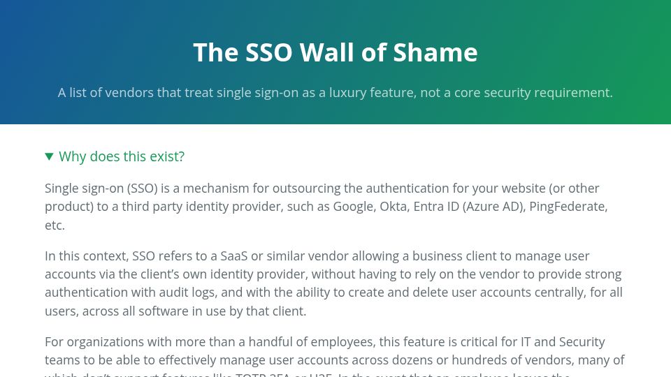 Screenshot of sso.tax: Vendors that treat single sign-on as a luxury feature