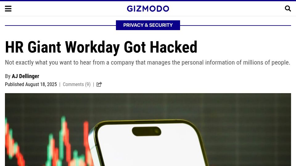 Screenshot of gizmodo.com: HR Giant Workday Got Hacked