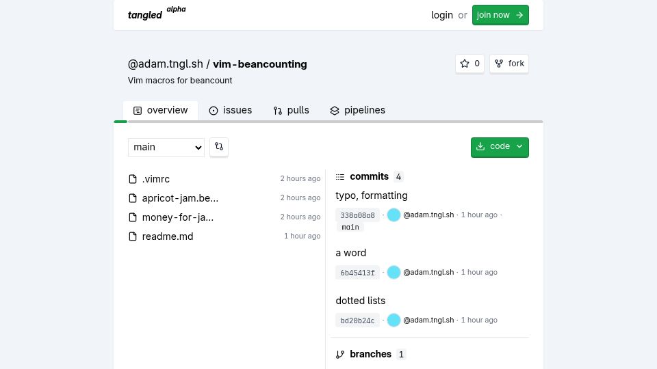 Screenshot of tangled.sh: Vim Macros for Beancount
