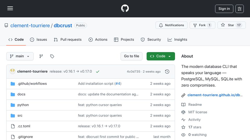 Screenshot of github.com: DBCrust – A modern database CLI