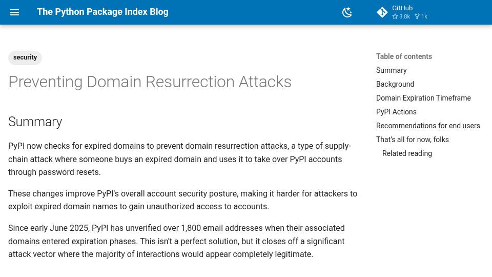 Screenshot of blog.pypi.org: PyPI Preventing Domain Resurrection Attacks