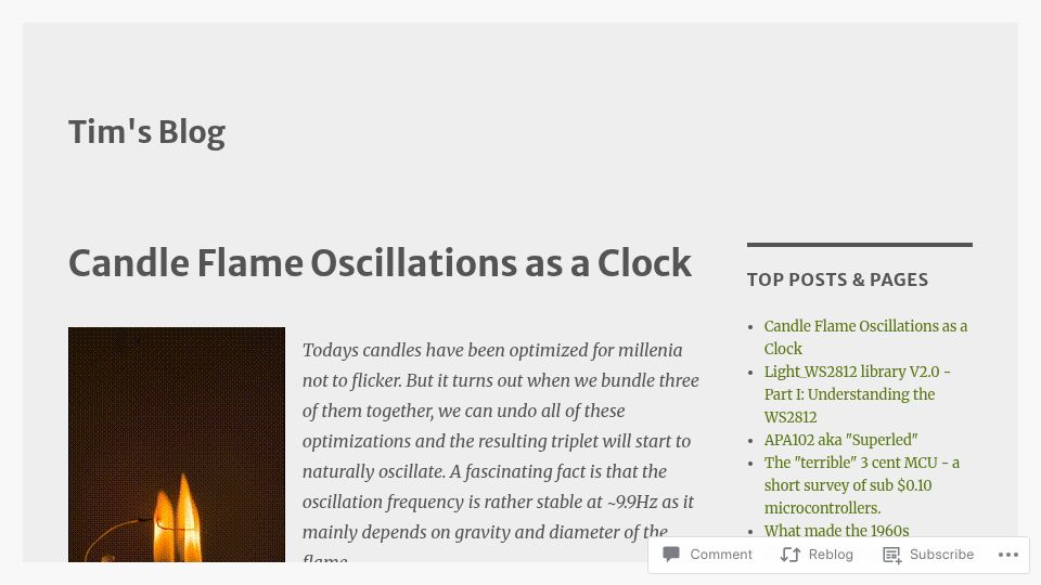 Screenshot of cpldcpu.com: Candle Flame Oscillations as a Clock
