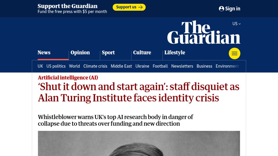 Screenshot of theguardian.com: Staff disquiet as Alan Turing Institute faces identity crisis