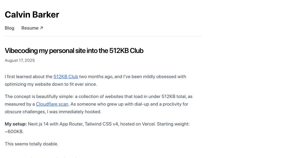 Screenshot of calvinbarker.com: Vibecoding my personal site into the 512KB Club