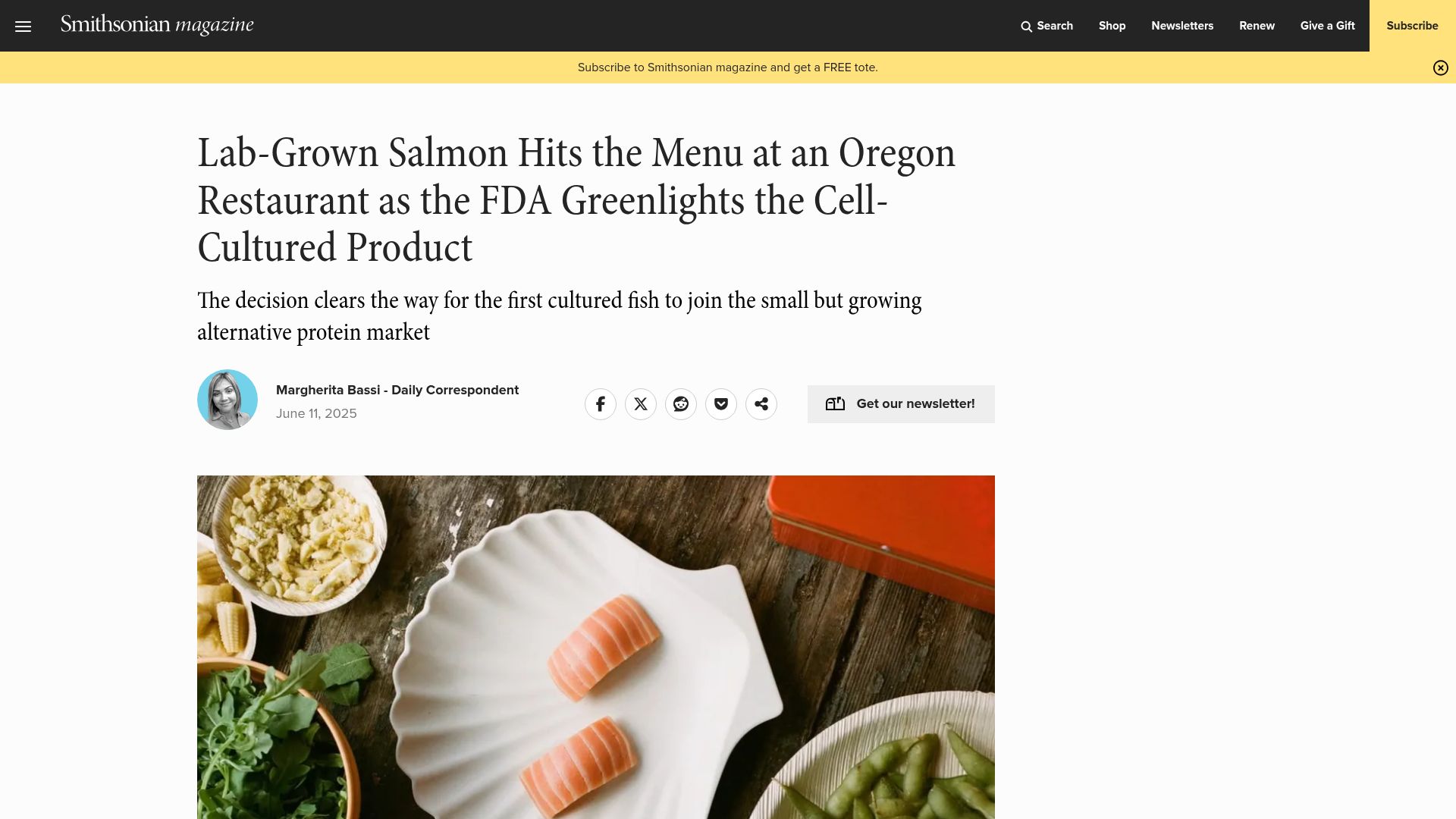 Screenshot of smithsonianmag.com: Lab-grown salmon hits the menu