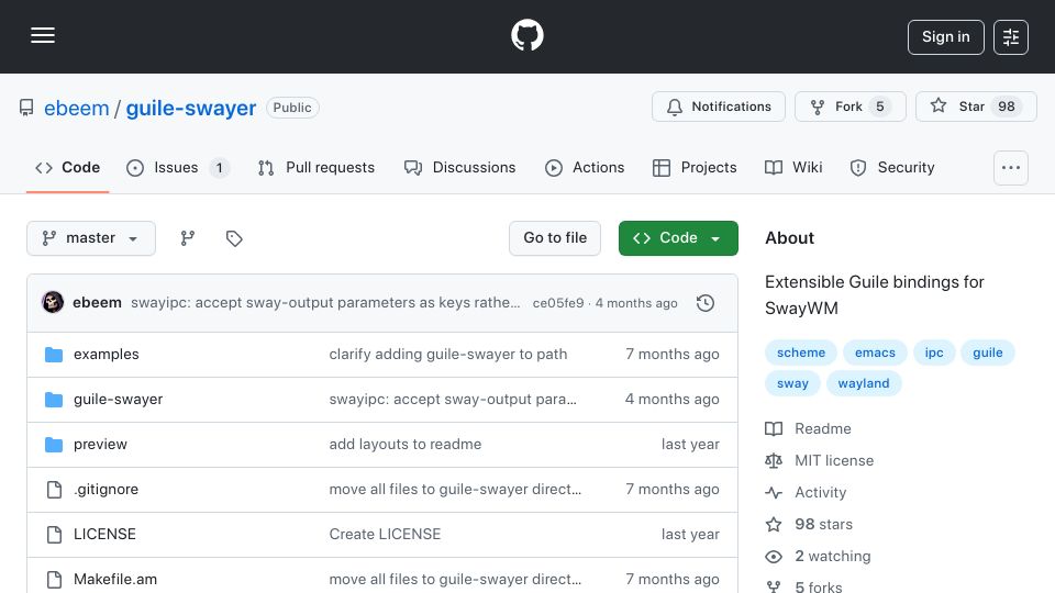 Screenshot of github.com: Guile bindings for Sway window manager