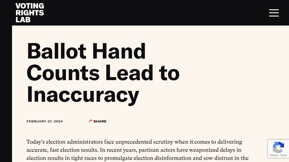 Screenshot of votingrightslab.org: Ballot Hand Counts Lead to Inaccuracy