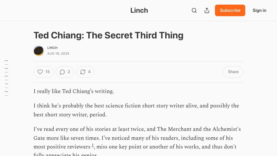 Screenshot of linch.substack.com: Ted Chiang: The Secret Third Thing