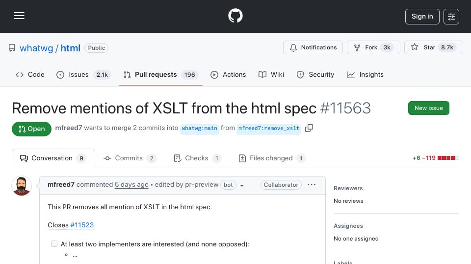 Screenshot of github.com: "Remove mentions of XSLT from the html spec"