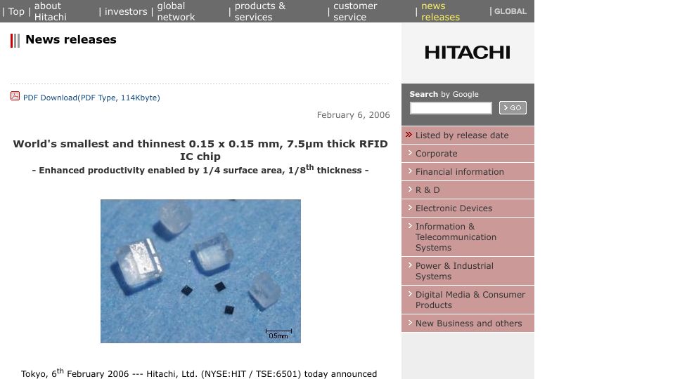 Screenshot of hitachi.com: In 2006, Hitachi developed a 0.15mm-sized RFID chip