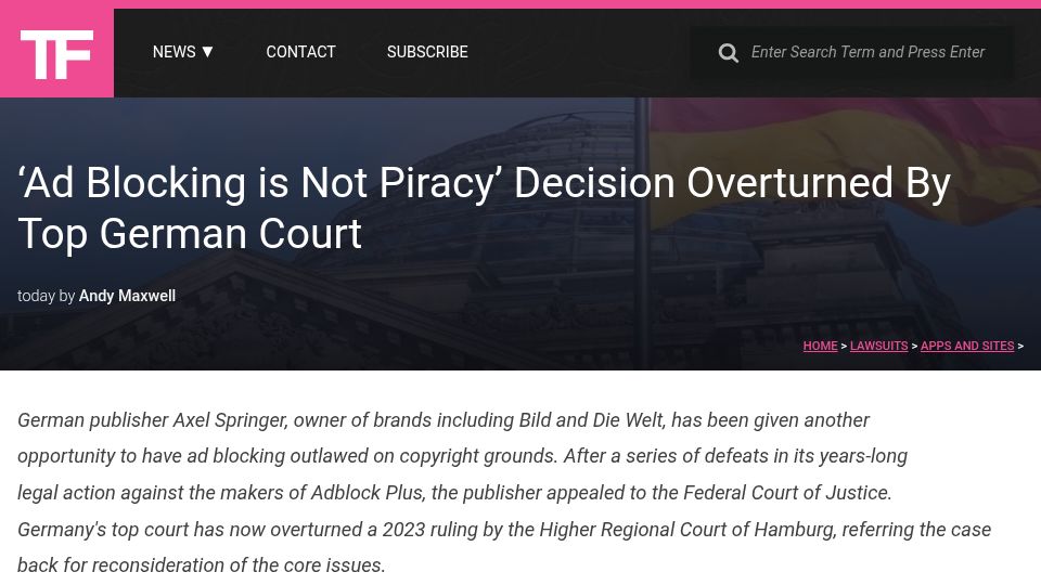 Screenshot of torrentfreak.com: 'Ad Blocking Is Not Piracy' Decision Overturned by Top German Court