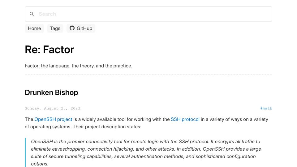 Screenshot of re.factorcode.org: Drunken Bishop (2023)