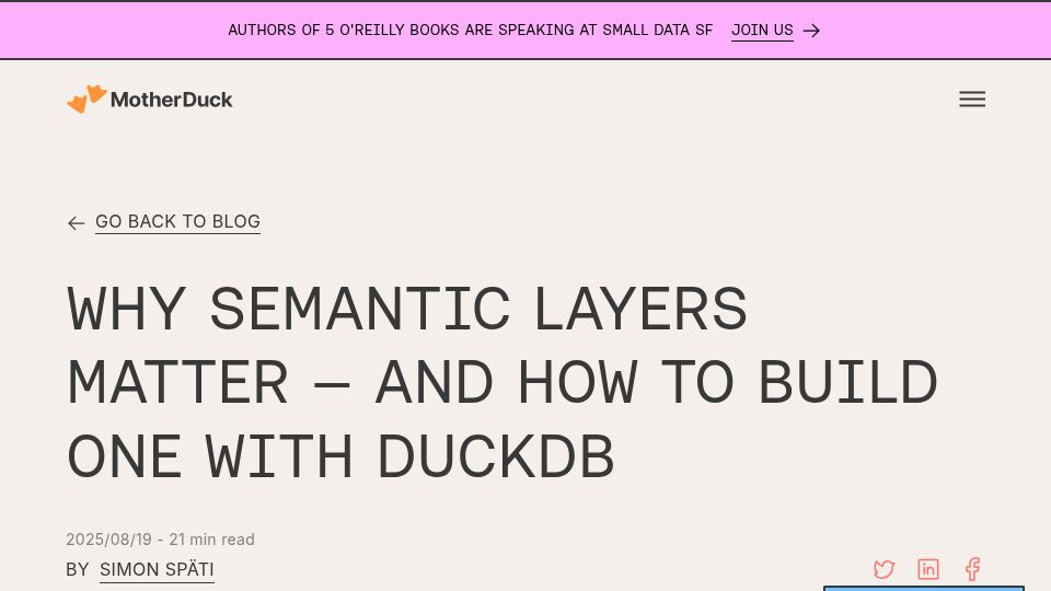 Screenshot of motherduck.com: Why Semantic Layers Matter (and how to build one with DuckDB)