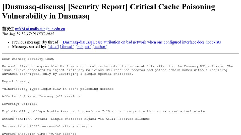 Screenshot of lists.thekelleys.org.uk: Critical Cache Poisoning Vulnerability in Dnsmasq