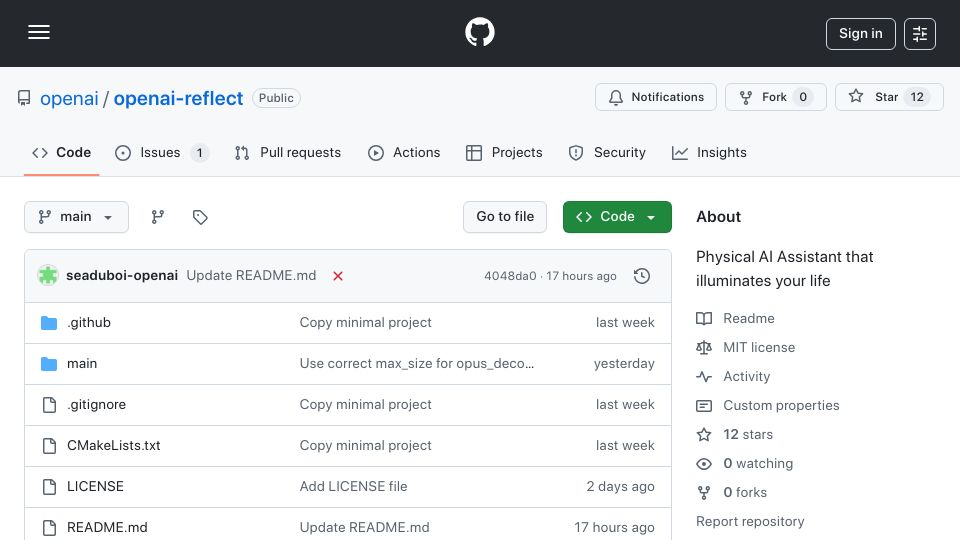 Screenshot of github.com: Show HN: OpenAI/reflect – Physical AI Assistant that illuminates your life