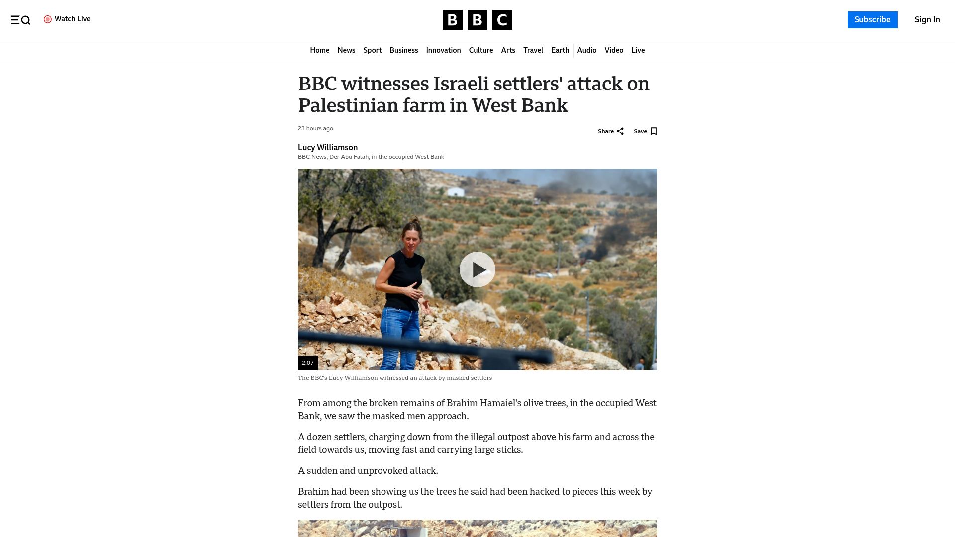 Screenshot of bbc.com: BBC witnesses settlers attack on Palestinian farm in West Bank