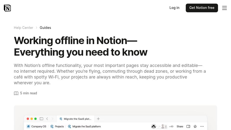 Screenshot of notion.com: Notion releases offline mode