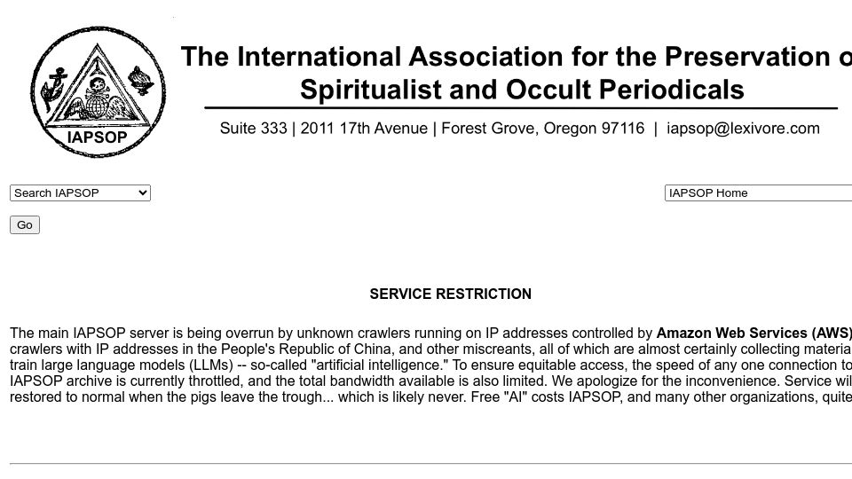 Screenshot of iapsop.com: Association for the Preservation of Spiritualist and Occult Periodicals