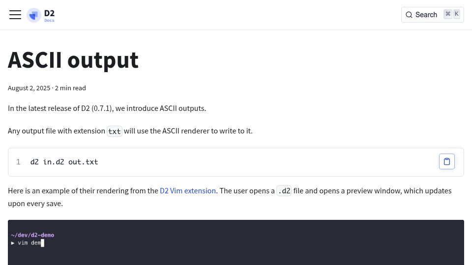 Screenshot of d2lang.com: D2 (text to diagram tool) now supports ASCII renders