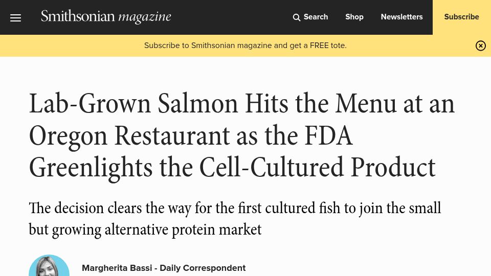 Screenshot of smithsonianmag.com: Lab-grown salmon hits the menu