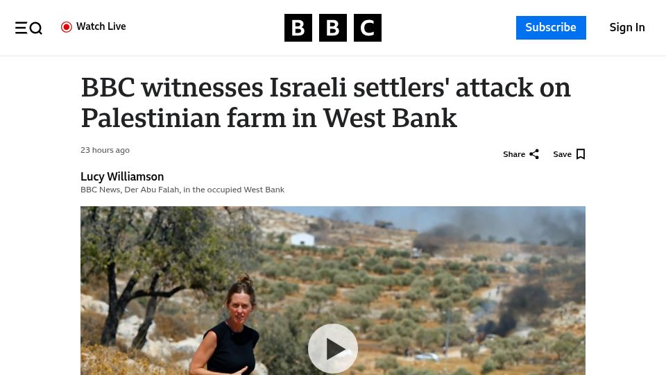 Screenshot of bbc.com: BBC witnesses settlers attack on Palestinian farm in West Bank