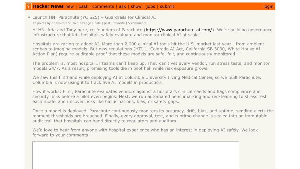 Screenshot of Hacker News post: Launch HN: Parachute (YC S25) – Guardrails for Clinical AI