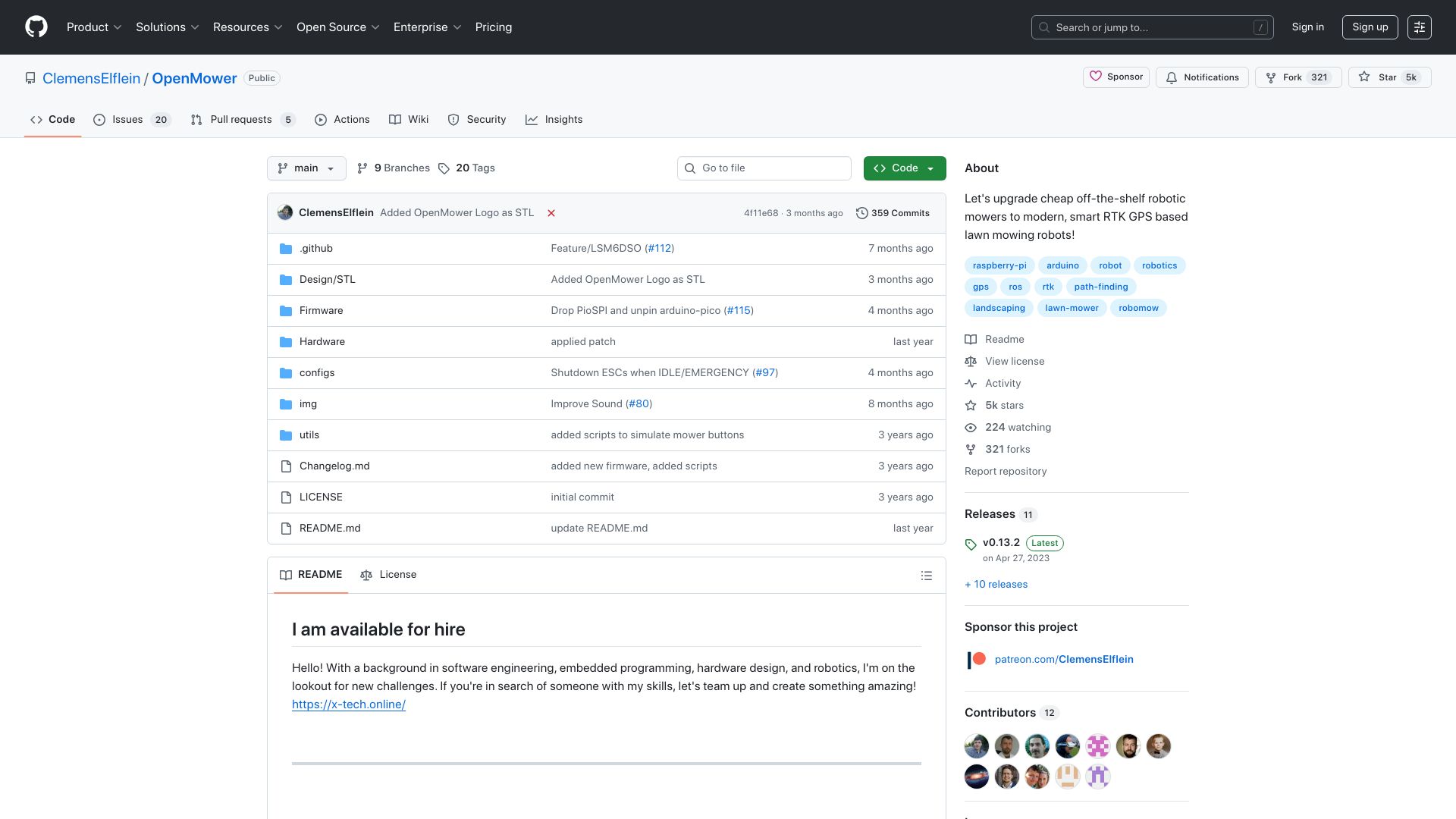 Screenshot of github.com: OpenMower – An open source lawn mower