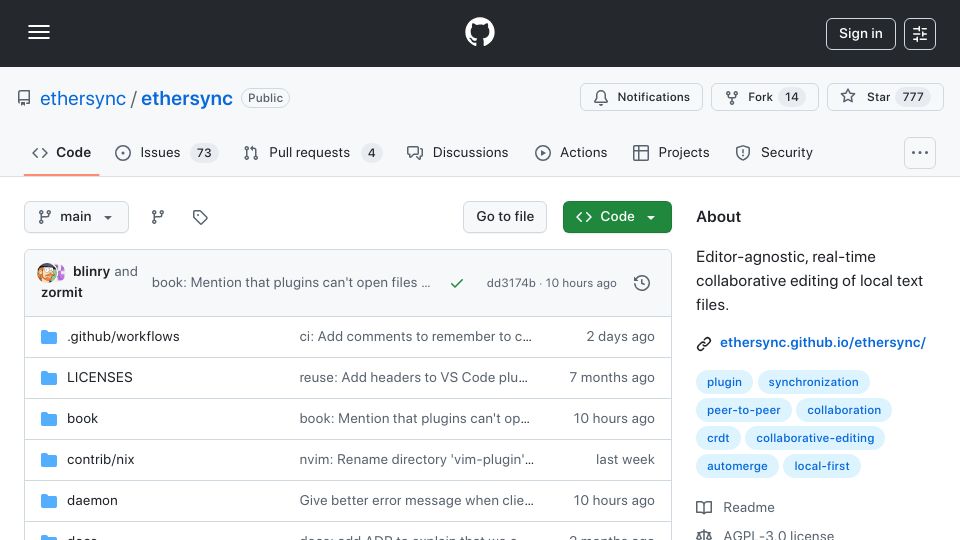 Screenshot of github.com: Ethersync: Peer-to-peer collaborative editing of local text files