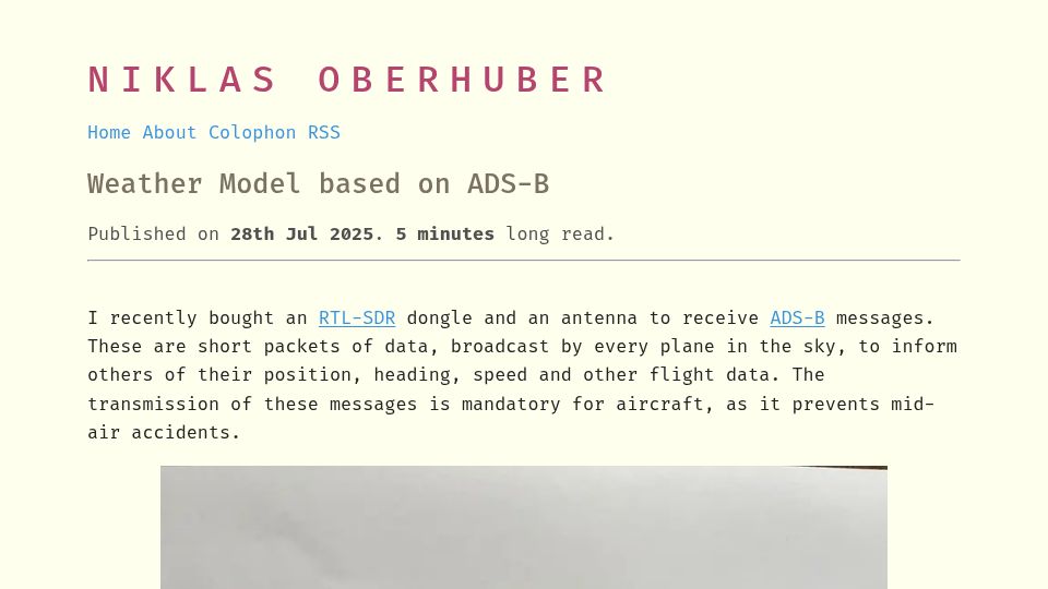 Screenshot of obrhubr.org: Weather Model based on ADS-B
