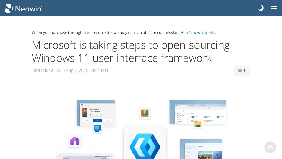Screenshot of neowin.net: Microsoft is open sourcing Windows 11's UI framework