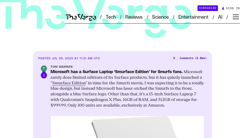 Screenshot of theverge.com: Microsoft Has a Surface Laptop 'Smurface Edition' for Smurfs Fans