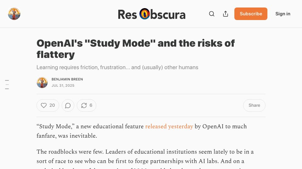 Screenshot of resobscura.substack.com: OpenAI's "Study Mode" and the risks of flattery