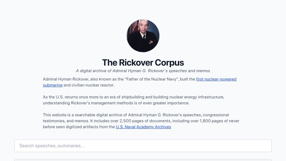 Screenshot of rickovercorpus.org: The Rickover Corpus: A digital archive of Admiral Rickover's speeches and memos