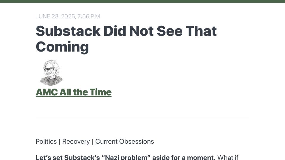 Screenshot of newsletter.anamariecox.com: Ana Marie Cox on the Shaky Foundation of Substack as a Business