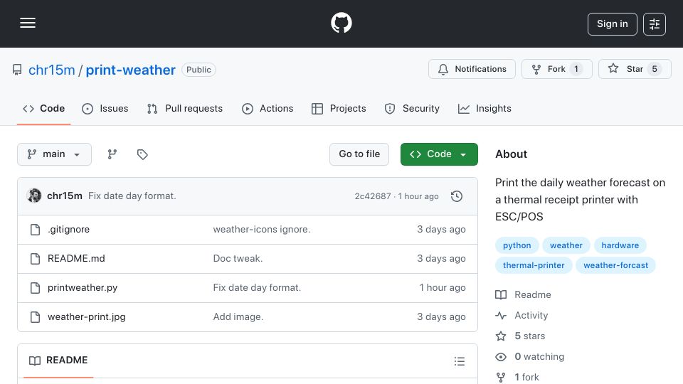 Screenshot of github.com: Show HN: Print the daily weather forecast on a thermal receipt printer